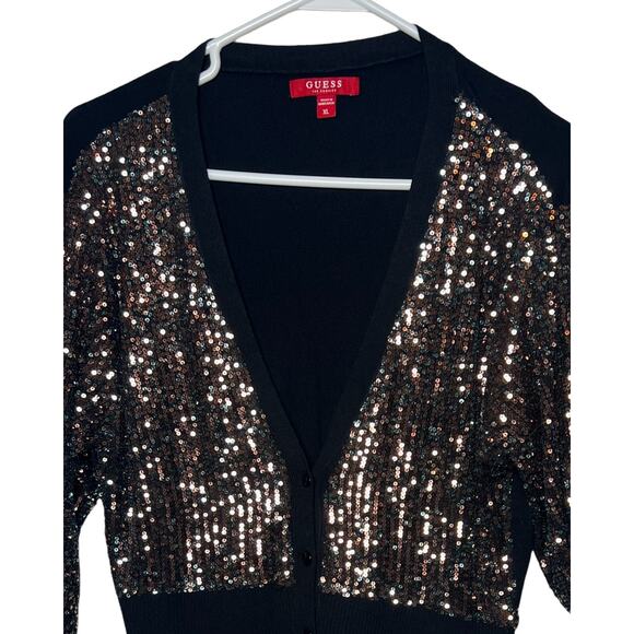 Guess Sparkly Sweater Size XL Black Sequins Long Sleeve Button Up V-Neck Women - Picture 3 of 10
